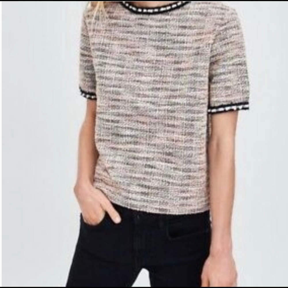 Zara Trafaluc Pink Tweed Pearl Shirt Size Small